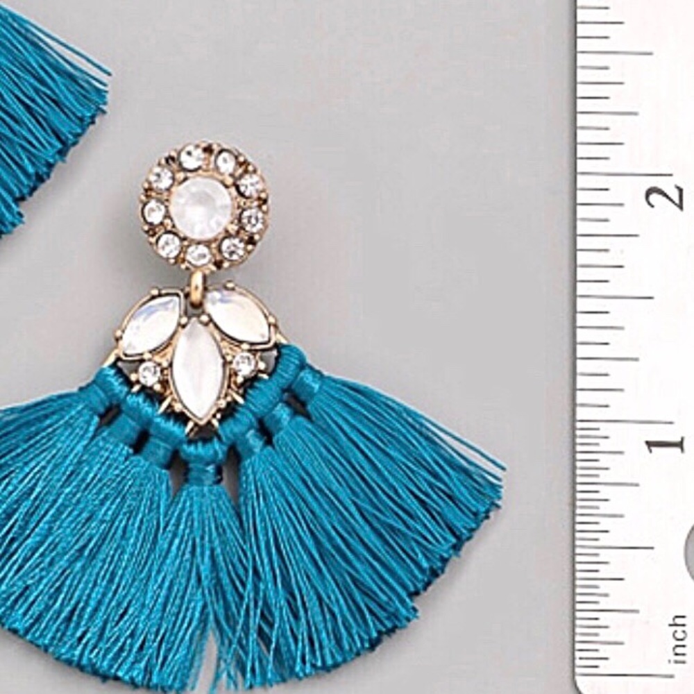 Adele | Teal Rhinestone tassel fan earring - Picture 4 of 4